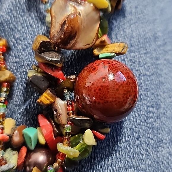 Artsy Colorful Eclectic Seashell, Ceramic and Stone Beaded Necklace - Picture 3 of 12